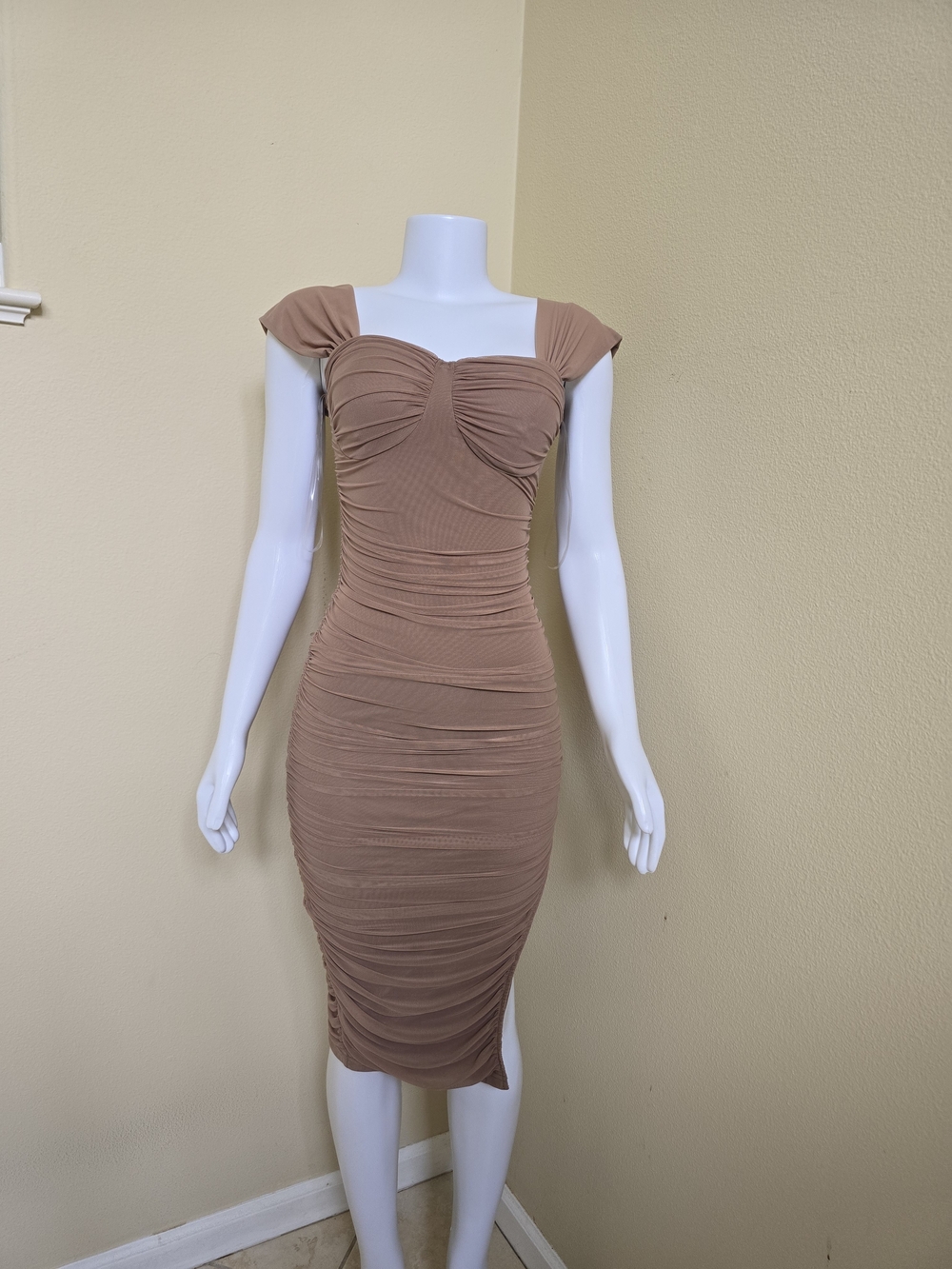 Brand New! Ruched Cap Sleeve Midi Dress in Taupe